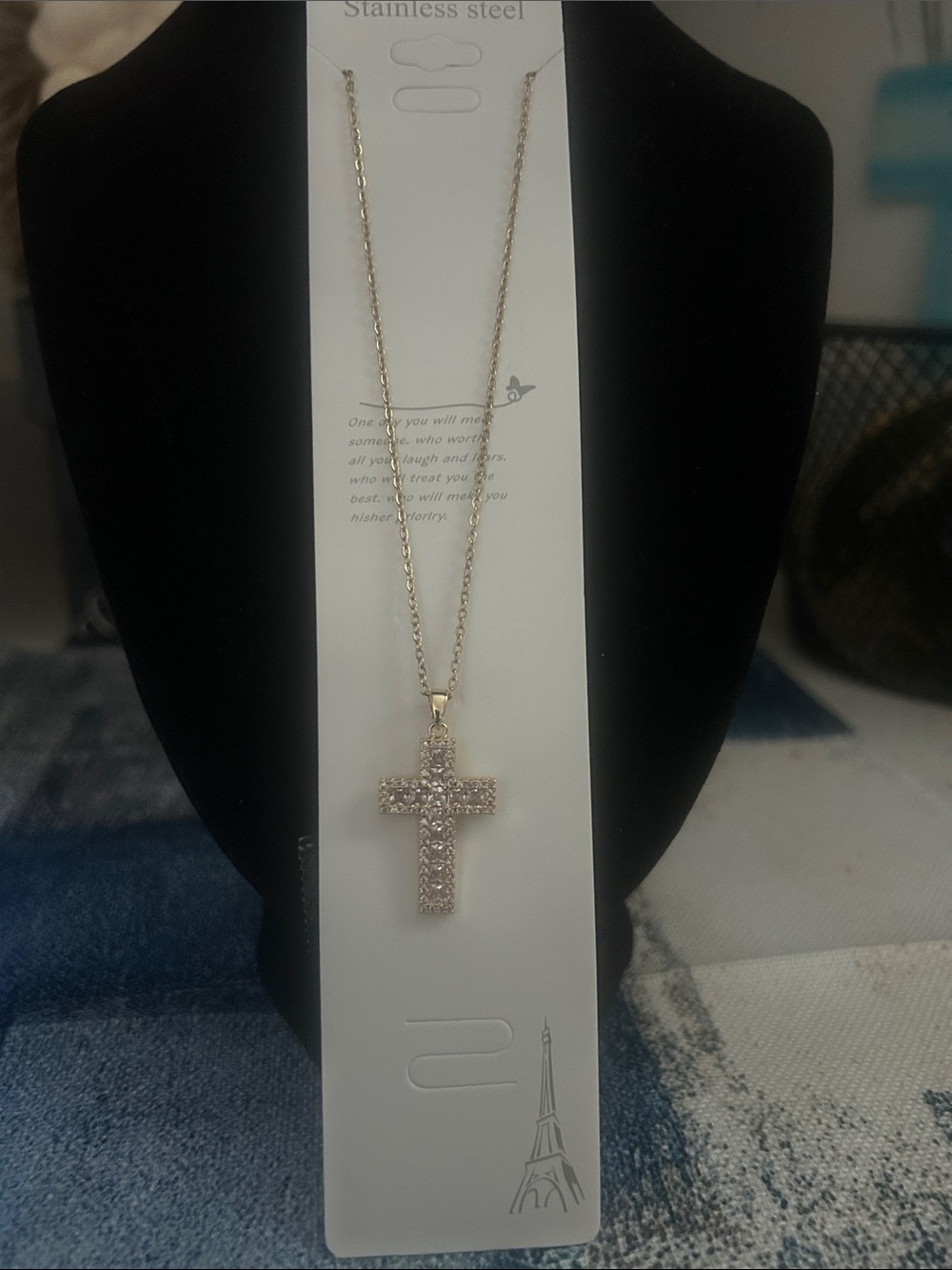 Gold Tone Cross Pendant Necklace with Clear Stones - Women Jewelry